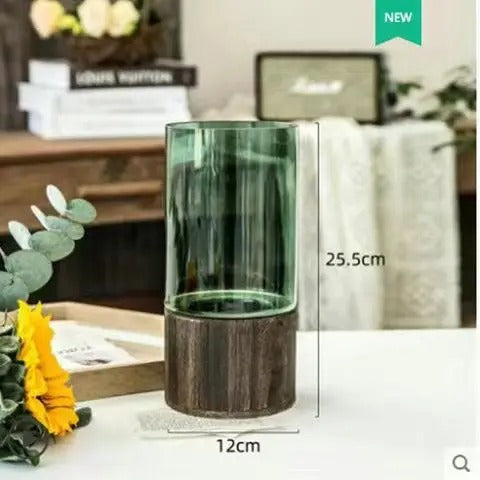 Vase Hydroponique en Verre Transparent avec Base en Bois