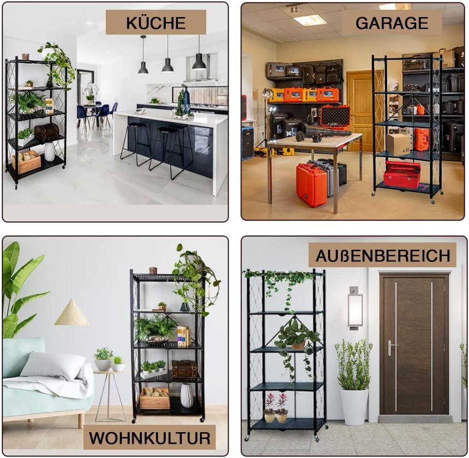 Étagère Métallique Pliable 5 Niveaux avec Roulettes 🛠️📦 – Solide, Mobile & Sans Installation