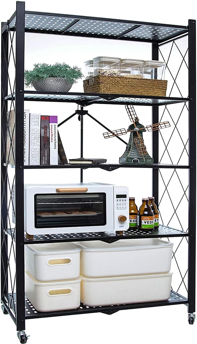 Étagère Métallique Pliable 5 Niveaux avec Roulettes 🛠️📦 – Solide, Mobile & Sans Installation