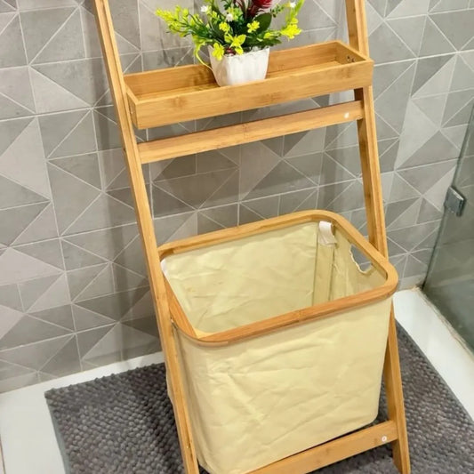 Étagère Échelle en Bois avec Panier en Tissu – Rangement Élégant et Minimaliste