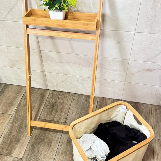 Étagère Échelle en Bois avec Panier en Tissu – Rangement Élégant et Minimaliste