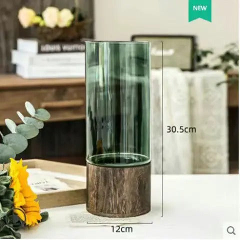 Vase Hydroponique en Verre Transparent avec Base en Bois