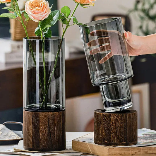 Vase Hydroponique en Verre Transparent avec Base en Bois