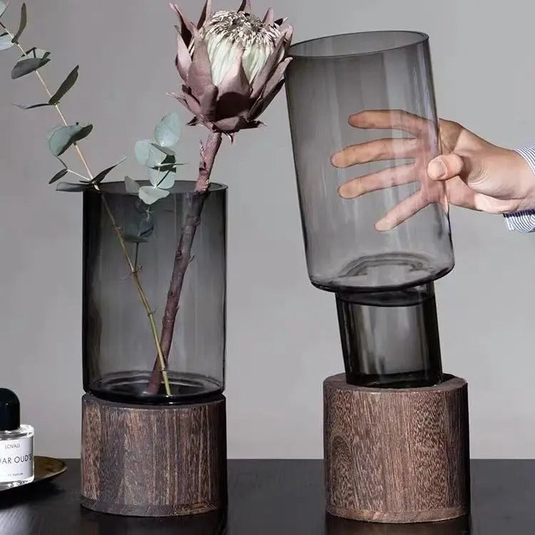 Vase Hydroponique en Verre Transparent avec Base en Bois