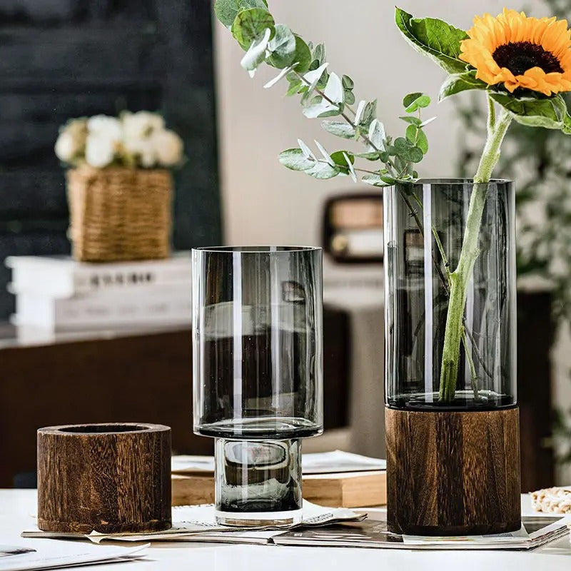 Vase Hydroponique en Verre Transparent avec Base en Bois