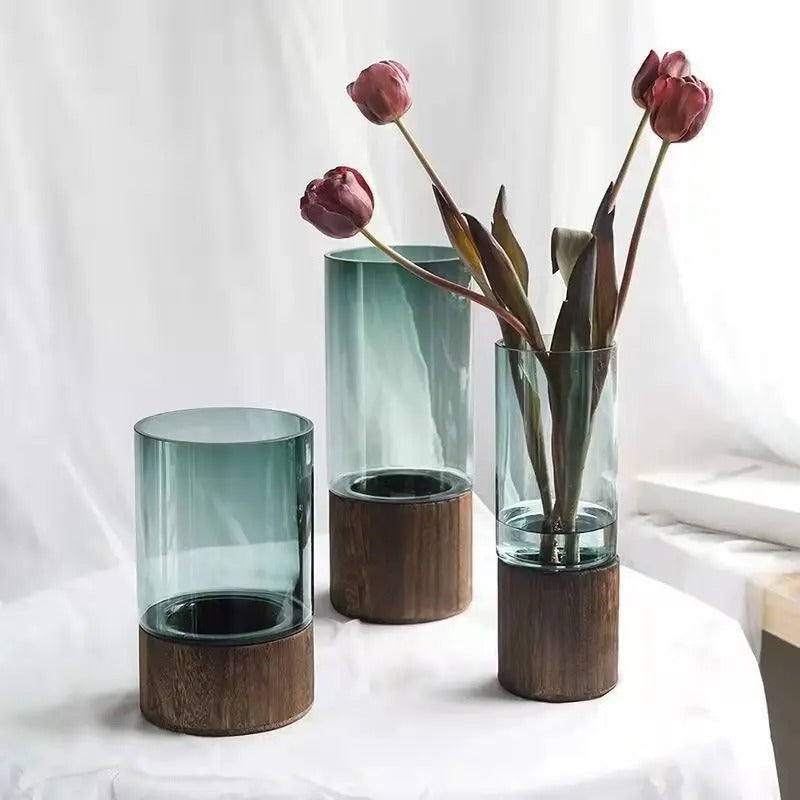 Vase Hydroponique en Verre Transparent avec Base en Bois