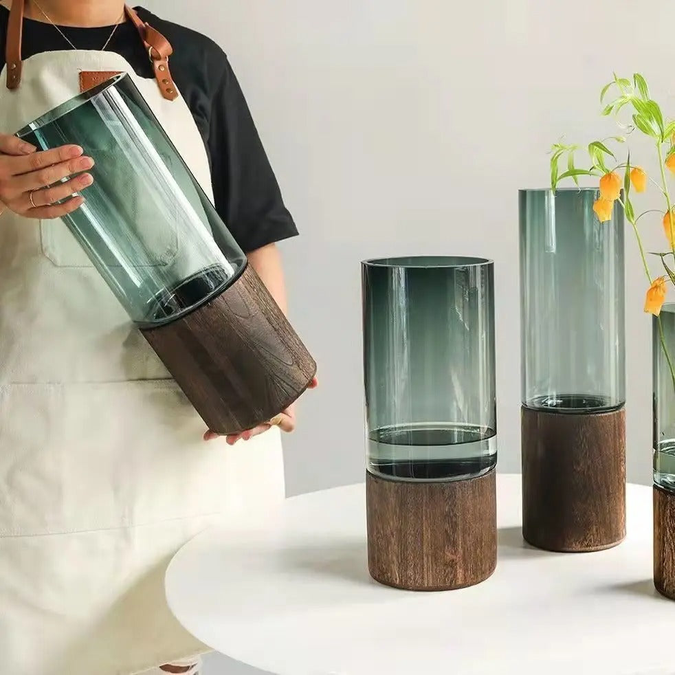 Vase Hydroponique en Verre Transparent avec Base en Bois