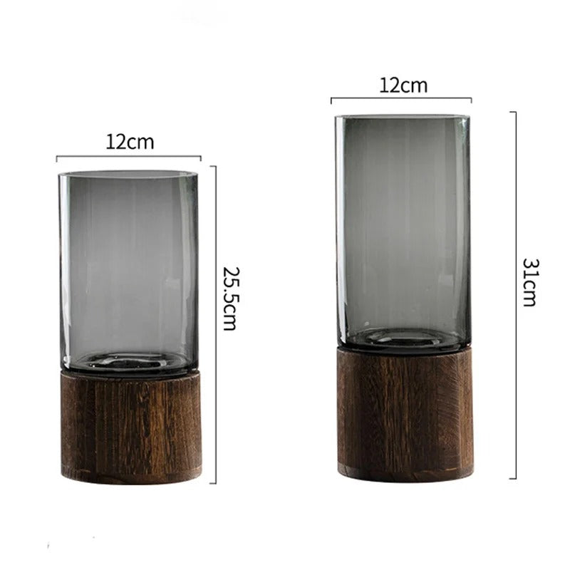 Vase Hydroponique en Verre Transparent avec Base en Bois