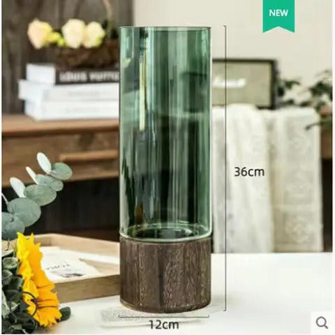 Vase Hydroponique en Verre Transparent avec Base en Bois