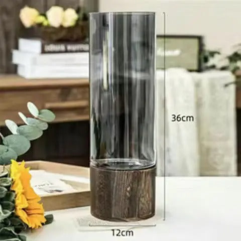 Vase Hydroponique en Verre Transparent avec Base en Bois